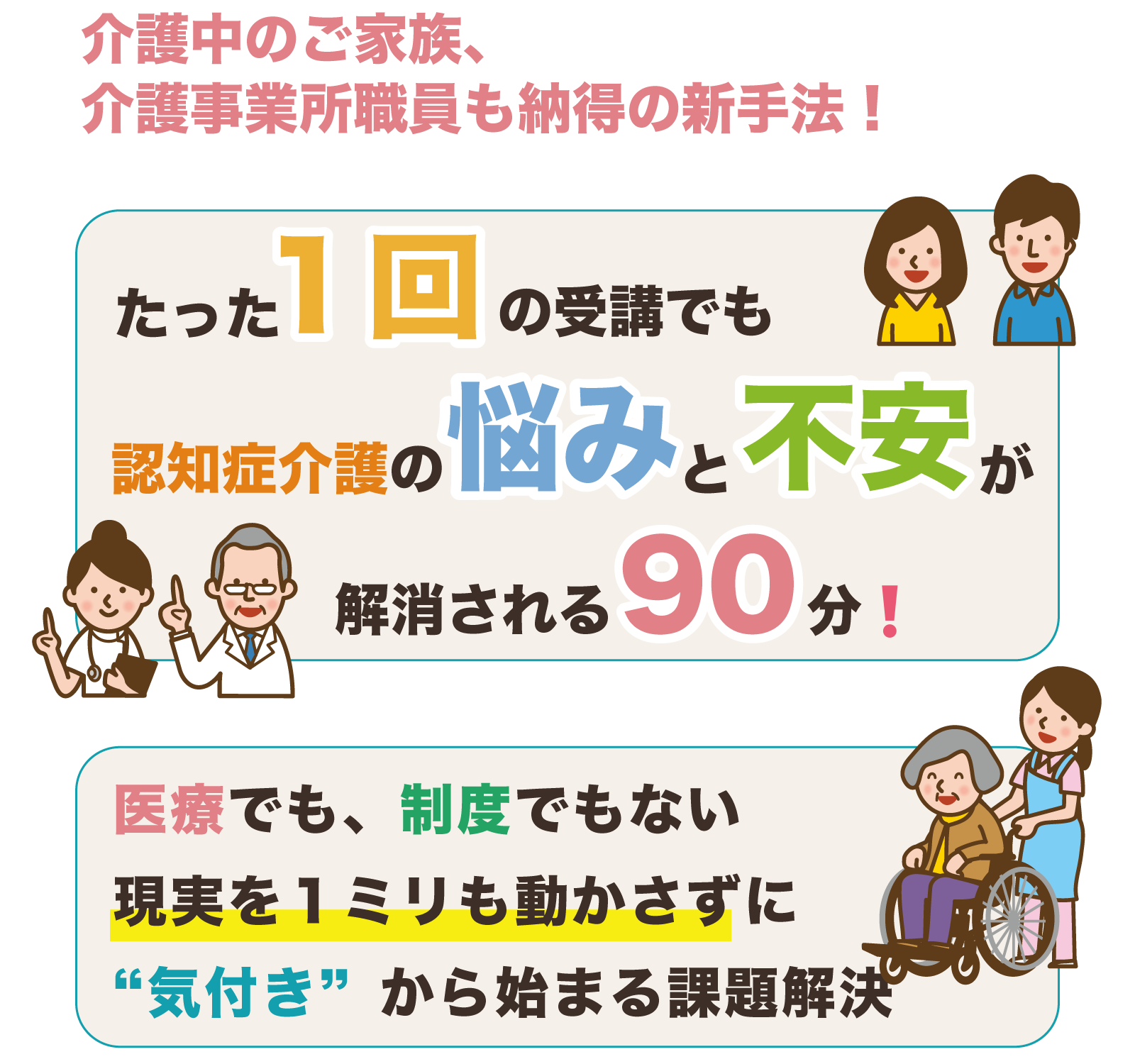 たった１回の受講でも、認知症介護の悩みと不安が解消される90分